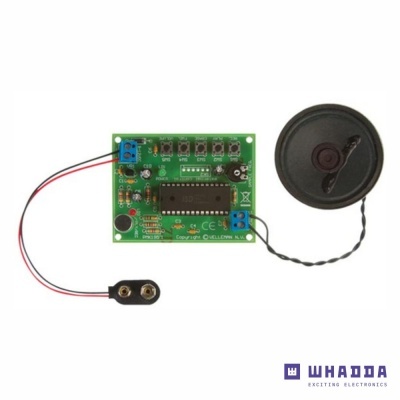 Placa eletrónica com microchip, bateria e altifalante, fundo branco