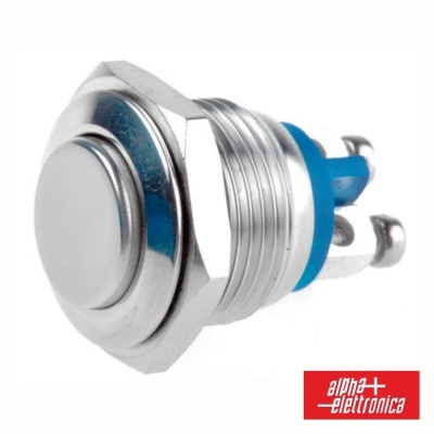 Botão metálico prateado com contactos elétricos e logotipo Alpha Elettronica