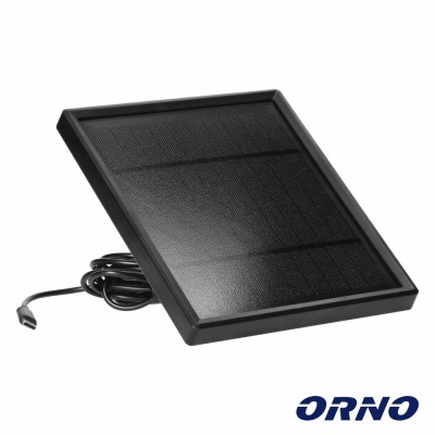 Painel solar quadrado preto com cabo em fundo branco e logótipo ORNO