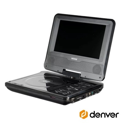 Leitor de DVD portátil preto da marca Denver com ecrã dobrável aberto