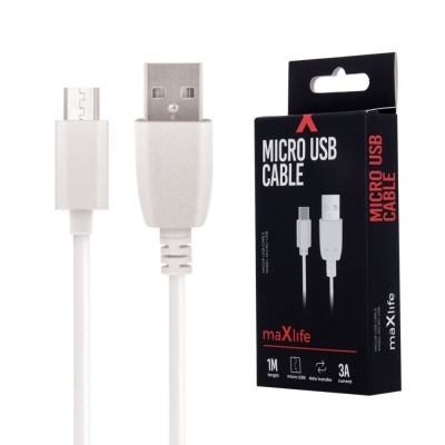 Cabo Micro USB branco com embalagem preta com texto