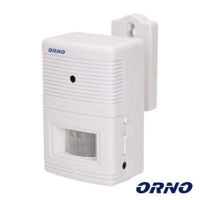 Sensor de movimento branco da marca ORNO com botão deslizante e sensor transparente.