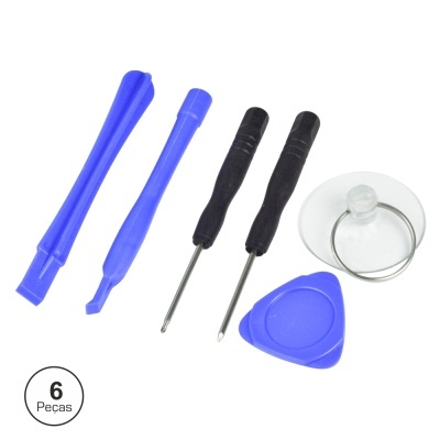 Conjunto de ferramentas de reparação azul e preta sobre fundo branco