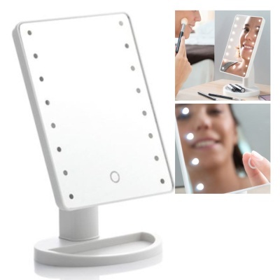 Espelho de maquilhagem branco retangular com luzes LED e suporte oval
