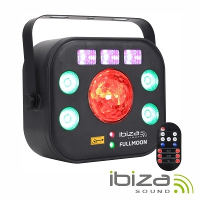 Dispositivo de luz preto com várias luzes coloridas e comando remoto