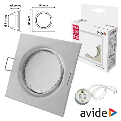 Lâmpada de embutir quadrada prateada com aro circular e suporte metálico, medida 81x81 mm, max 50W IP20, com cabo elétrico e embalagem.