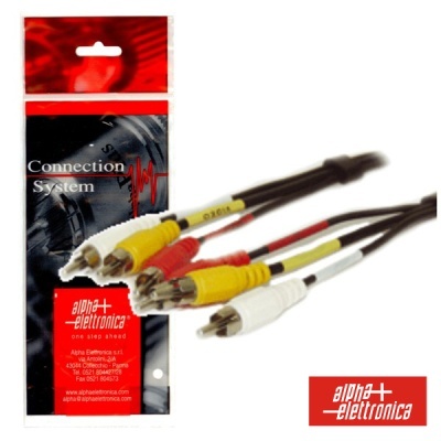 Cabo de ligação com conectores RCA e embalagem preta e vermelha da alpha+ elettronica