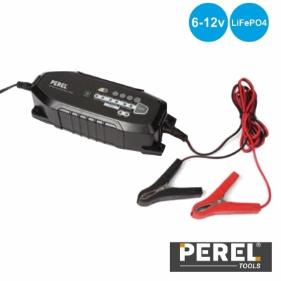 Carregador de baterias Perel Tools preto com cabos vermelhos e pretos