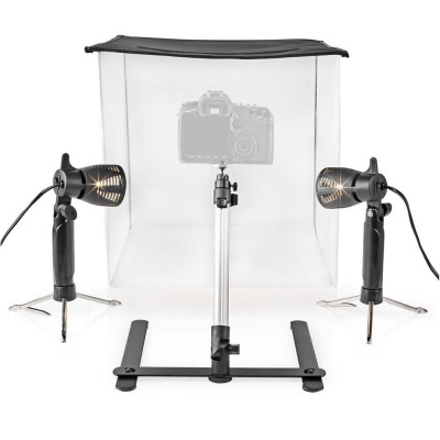 Conjunto de estúdio fotográfico com caixa de luz, 2 LEDs com tripés e suporte central ajustável