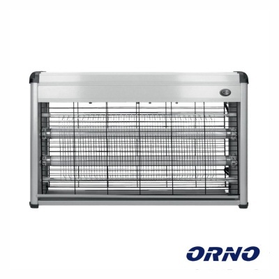 Armadilha elétrica para insetos metálica prateada com grelha preta e lâmpadas fluorescentes e logótipo ORNO
