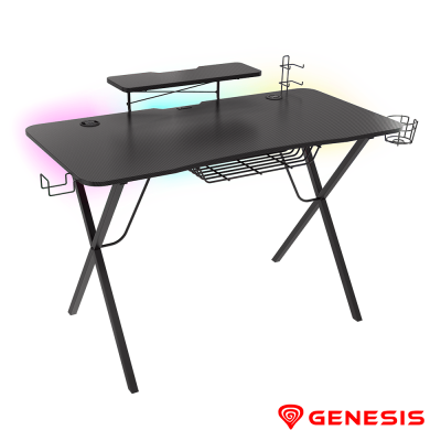 Secretária gaming preta com prateleira superior e suporte para headphones