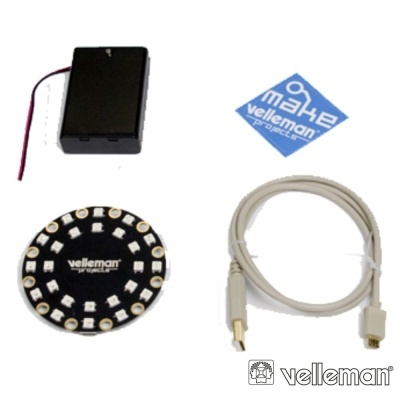 Conjunto de componentes eletrónicos Velleman com placa LED circular, caixa preta e cabo USB