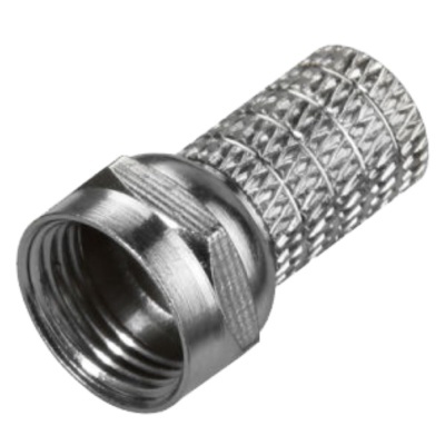 Conector coaxial metálico prateado com textura cruzada