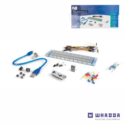 Kit de experimentos eletrónicos com componentes variados e embalagem azul ao fundo