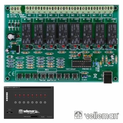 Placa eletrónica verde com relés pretos e botões, com marca Velleman