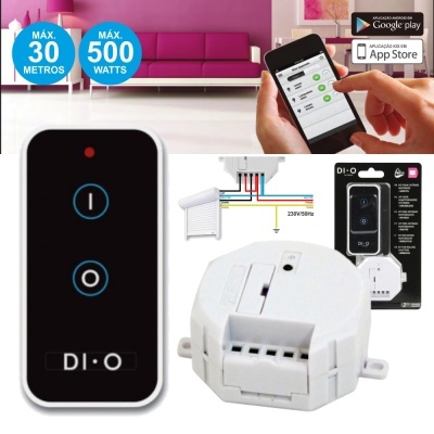 Comando remoto preto, módulo de controlo branco e smartphone com aplicação, texto MÁX. 30 METROS e MÁX. 500 WATTS
