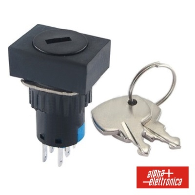 Interruptor de chave preto com três chaves prateadas e logótipo da ALPHA ELETTRONICA