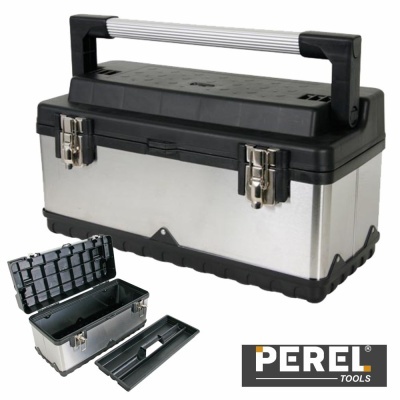 Caixa de ferramentas metálica cinza e preta com tampa e pega, interior com tabuleiro organizador, marca PEREL TOOLS