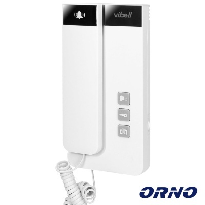 Intercomunicador de parede branco com auscultador e botões cinzentos