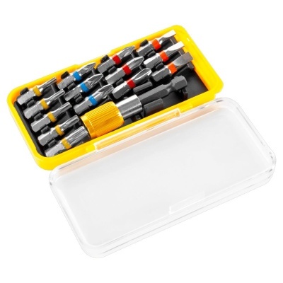 Conjunto de pontas de chave de fendas coloridas em caixa plástica amarela com tampa transparente