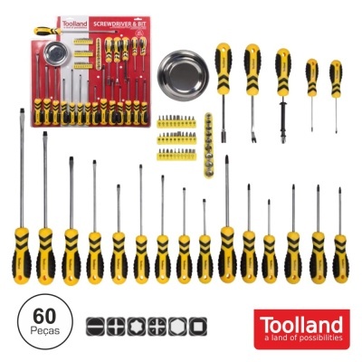 Conjunto de ferramentas Toolland 60 peças com chaves de fendas amarelas e pretas sobre fundo branco