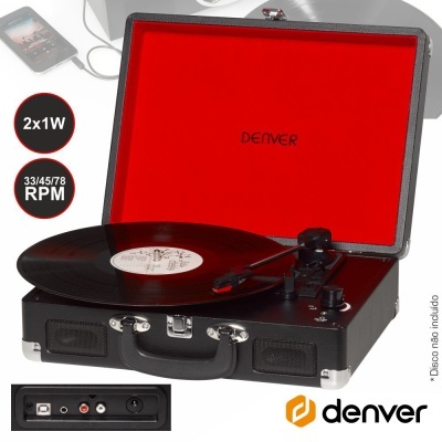 Gira-discos Denver portátil preto e vermelho com vinil