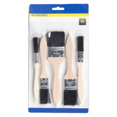 Conjunto de 5 pincéis de pintura com cabo de madeira e cerdas pretas em embalagem
