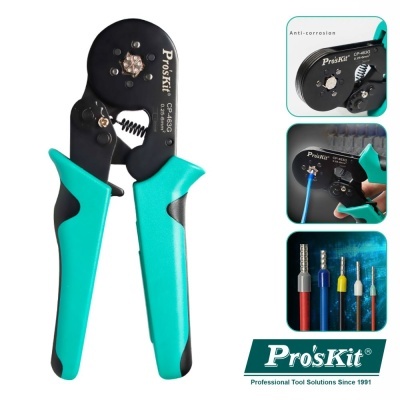 Alicate prensador Pro'sKit DP-436P verde e preto para terminais com corpo em metal preto