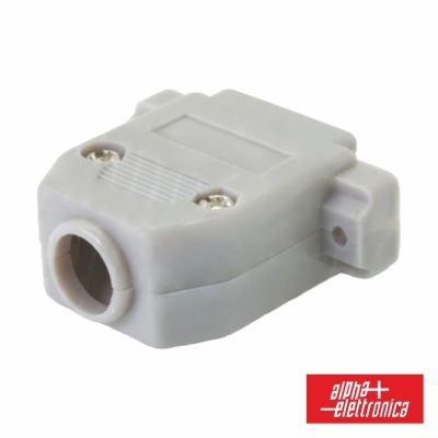 Conector cinza claro de plástico com parafusos metálicos e orifício circular, sobre fundo branco com logótipo alpha-elettronica