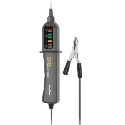 Testador de voltagem AC cinza escuro com visor e clipe metálico em fundo branco