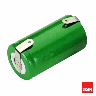 Bateria cilíndrica verde com terminais metálicos e logo JOIN vermelho