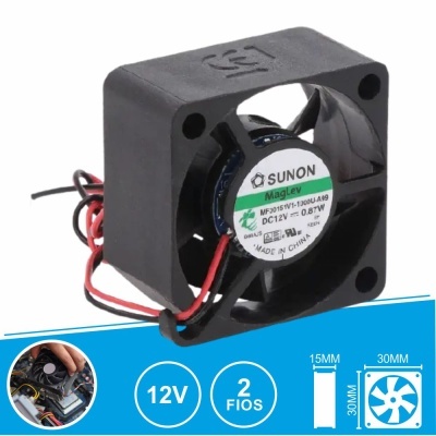 Ventoinha eletrónica preta SUNON 12V com 2 fios e etiqueta central