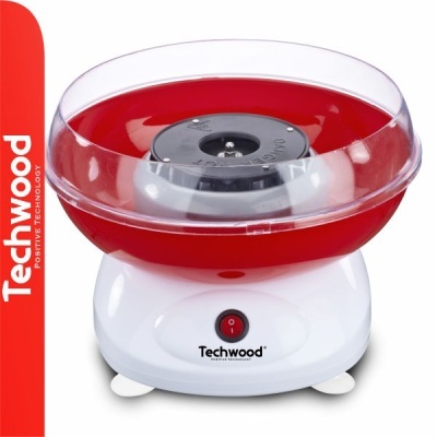 Máquina de algodão doce Techwood branca e vermelha com botão frontal e tigela transparente
