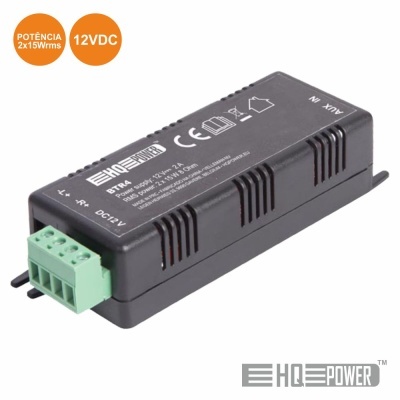 Alimentador preto HQ Power com conector verde e texto técnico