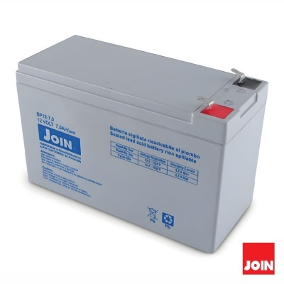 Bateria selada de chumbo JOIN 12V 7Ah cinzenta com terminais e tampa vermelha