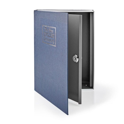 Caixa de segurança em forma de livro com capa azul e interior metálico cinzento