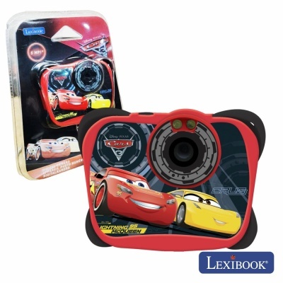 Câmara digital infantil vermelha e preta com personagens Cars 3 na frente