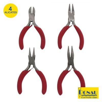 Conjunto de quatro alicates com cabos vermelhos em metal prateado