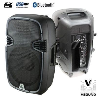 Coluna de som profissional preta VSOUND com grelha metálica e painel traseiro com entradas e botões