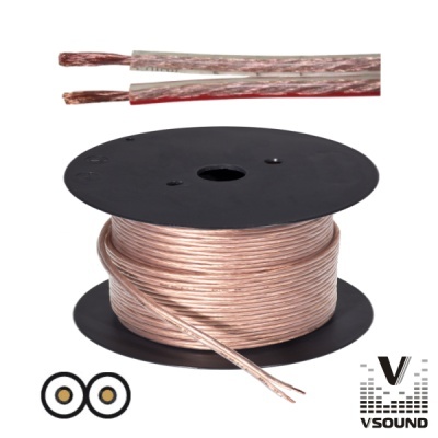 Rolo de cabo de áudio transparente com fios de cobre visíveis em carretel preto e logotipo VSOUND