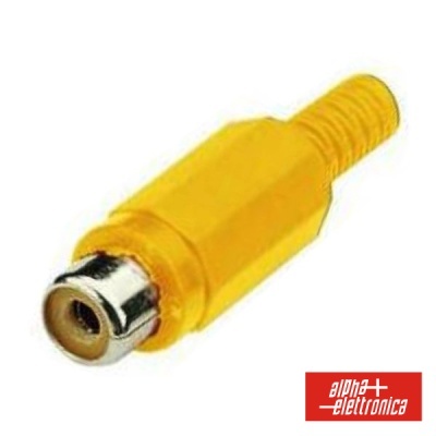 Conector RCA fêmea amarelo com tampa metálica sobre fundo branco