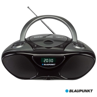 Aparelho de rádio portátil preto Blaupunkt com visor digital e antena telescópica