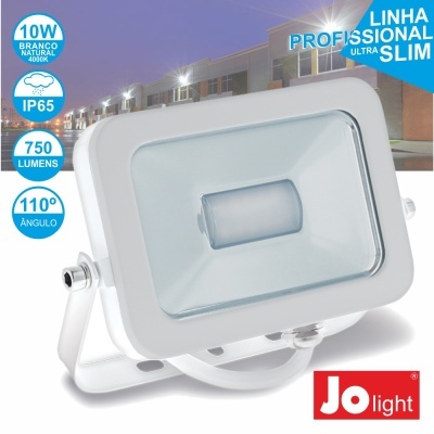 Projetor LED branco da Jo light com especificações técnicas em azul e vermelho