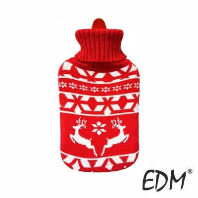 Bolsa térmica vermelha com padrão de renas brancas e gola alta tricotada