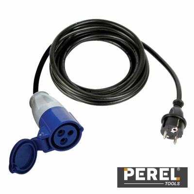 Cabo de extensão elétrico preto com ficha macho e ficha fêmea azul Perel Tools