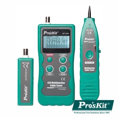 Dispositivos verdes Pro'sKit MT-7059 para teste de cabos com ecrã LCD e botões