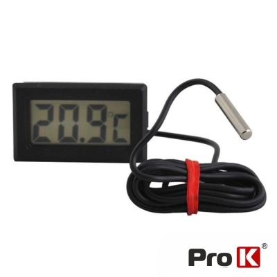 Termómetro digital preto com visor LCD e sonda metálica