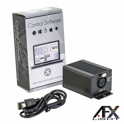 Interface DMX AFX Light preta com cabo USB e embalagem cinza de software de controlo