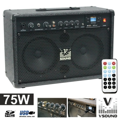 Amplificador de som V Sound 75W preto com controle remoto