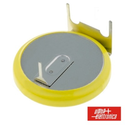 Baterias tipo moeda amarelas com suporte metálico e logotipo alpha elettronica